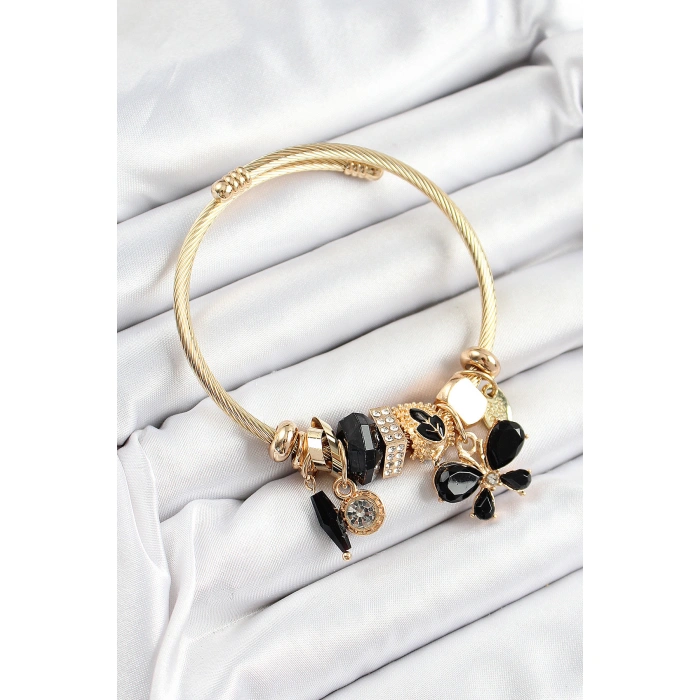 316L Çelik Siyah Zirkon Taşlı Kelebek Model Gold Renk Charm Bileklik - Lisinya