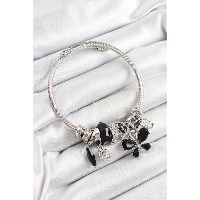 316L Çelik Siyah Zirkon Taşlı Yıldız Kelebek Model Gümüş Renk Charm Bileklik - Lisinya
