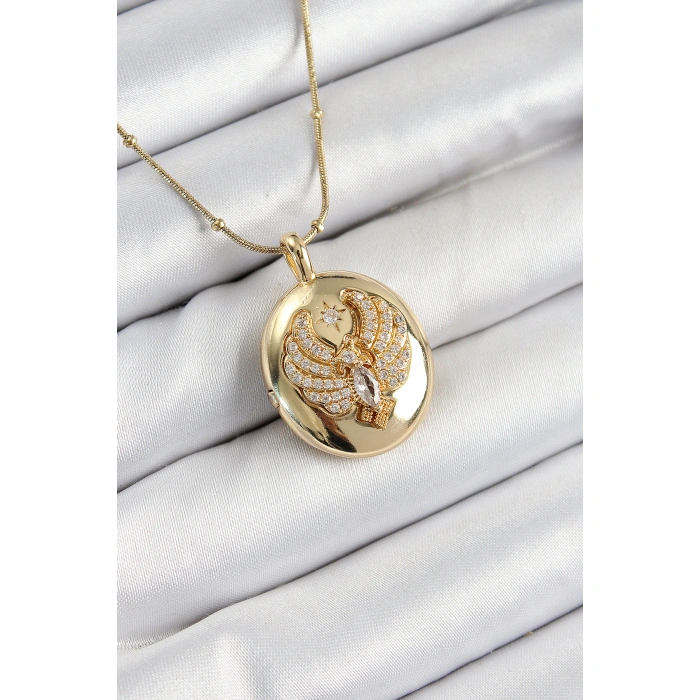 316L Çelik Zincir Açılabilir Anka Kuşu Model Zirkon Taşlı Gold Renk Kadın Kolye - Lisinya