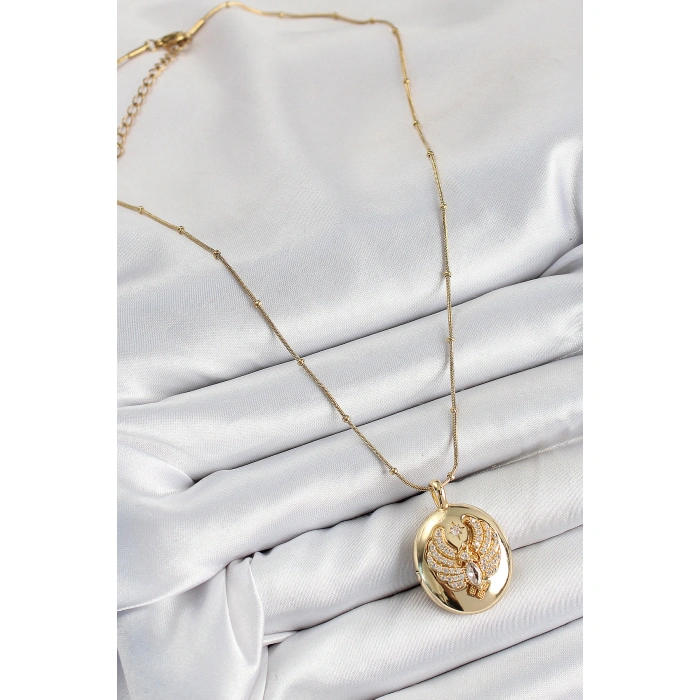 316L Çelik Zincir Açılabilir Anka Kuşu Model Zirkon Taşlı Gold Renk Kadın Kolye - Lisinya