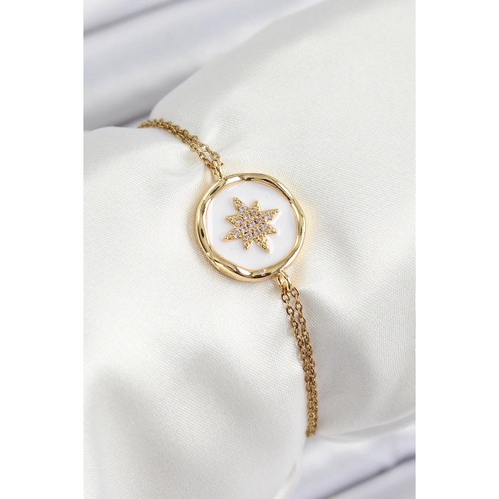 316L Çelik Zincir Beyaz Mineli Sanatsal Portre Kuzey Yıldızı Model Gold Renk Kadın Bileklik - Lisinya