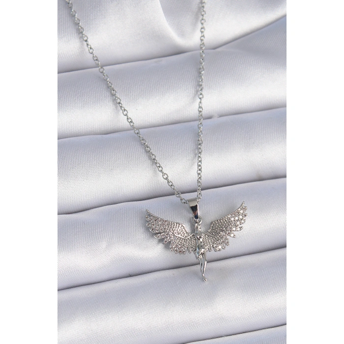 316L Çelik Zincir Gümüş Renk Zirkon Taşlı Melek Model Kadın Kolye - Lisinya