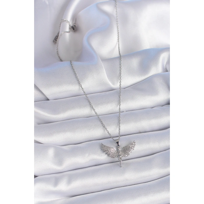 316L Çelik Zincir Gümüş Renk Zirkon Taşlı Melek Model Kadın Kolye - Lisinya