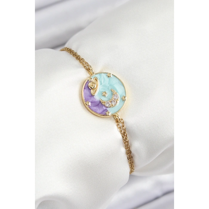 316L Çelik Zincir Mineli Sanatsal Portre Zirkon Taşlı Gezegen Model Gold Renk Kadın Bileklik - Lisinya