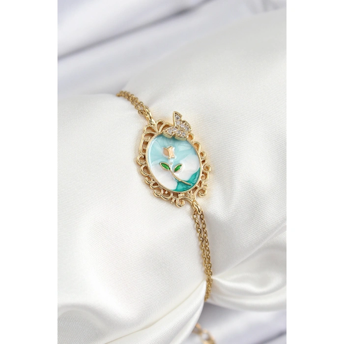 316L Çelik Zincir Mineli Sanatsal Portre Zirkon Taşlı Kelebek Detaylı Çiçek Model Gold Renk Kadın Bileklik - Lisinya