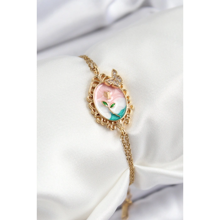 316L Çelik Zincir Mineli Sanatsal Portre Zirkon Taşlı Kelebek Detaylı Çiçek Model Gold Renk Kadın Bileklik - Lisinya