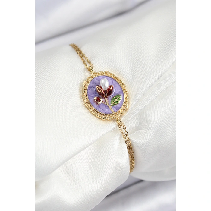316L Çelik Zincir Mor Mineli Sanatsal Portre İnci Detaylı Lale Model Gold Renk Kadın Bileklik - Lisinya