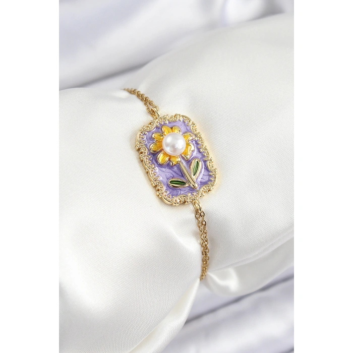 316L Çelik Zincir Mor Mineli Sanatsal Portre İnci Detaylı Papatya Model Gold Renk Kadın Bileklik - Lisinya