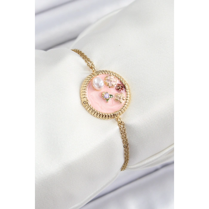 316L Çelik Zincir Pembe Mineli Sanatsal Portre İnci Detaylı Çiçek Model Gold Renk Kadın Bileklik - Lisinya