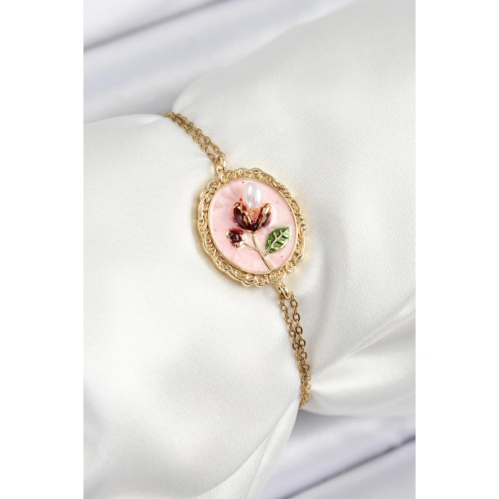 316L Çelik Zincir Pembe Mineli Sanatsal Portre İnci Detaylı Lale Model Gold Renk Kadın Bileklik - Lisinya