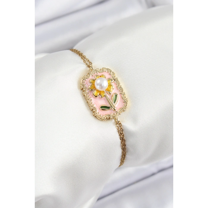 316L Çelik Zincir Pembe Mineli Sanatsal Portre İnci Detaylı Papatya Model Gold Renk Kadın Bileklik - Lisinya