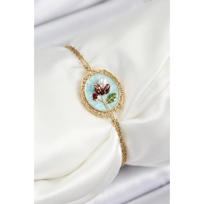 316L Çelik Zincir Turkuaz Mineli Sanatsal Portre İnci Detaylı Lale Model Gold Renk Kadın Bileklik - Lisinya