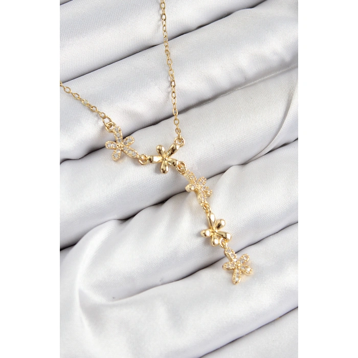 316L Çelik Zirkon Taşlı Çiçek Model Gold Renk Kadın Kolye - Lisinya