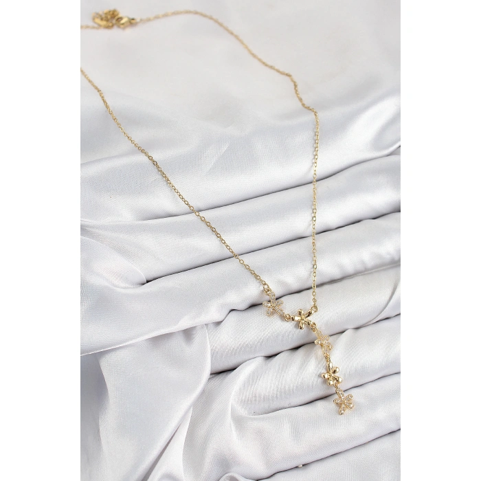 316L Çelik Zirkon Taşlı Çiçek Model Gold Renk Kadın Kolye - Lisinya