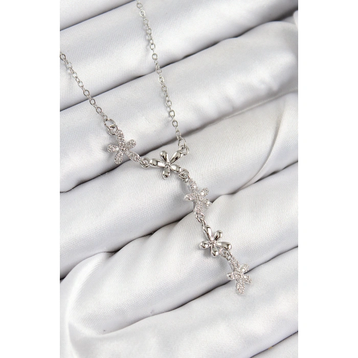 316L Çelik Zirkon Taşlı Çiçek Model Gümüş Renk Kadın Kolye - Lisinya