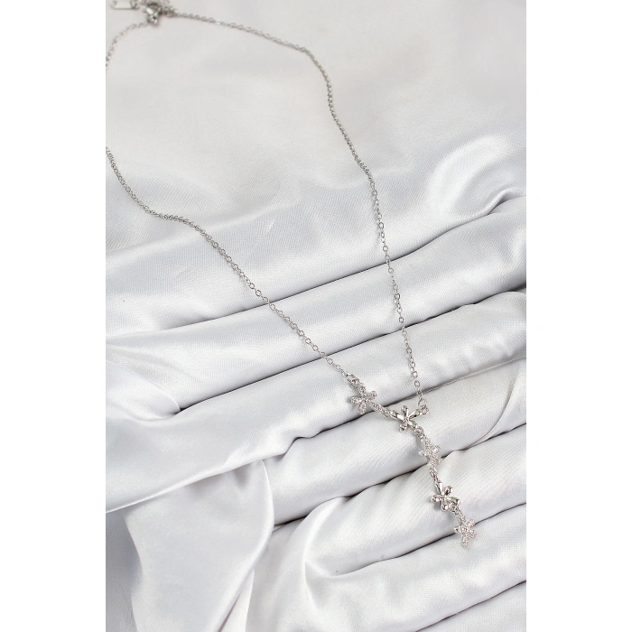 316L Çelik Zirkon Taşlı Çiçek Model Gümüş Renk Kadın Kolye - Lisinya