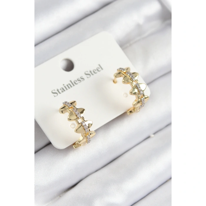 316L Çelik Zirkon Taşlı Çit Halka Model Gold Renk Kadın Küpe - Lisinya