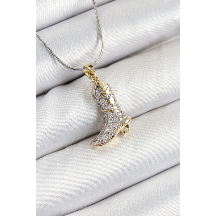 316L Çelik Zirkon Taşlı Çizme Model Gümüş Renk Kadın Kolye - Lisinya