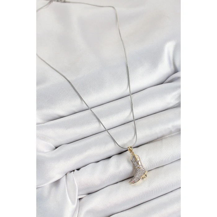 316L Çelik Zirkon Taşlı Çizme Model Gümüş Renk Kadın Kolye - Lisinya