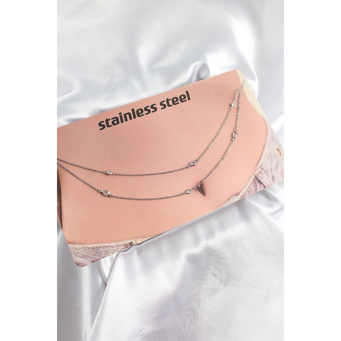 316L Çelik Zirkon Taşlı Damla Model Gümüş Renk Göbek Bel Zinciri - Lisinya