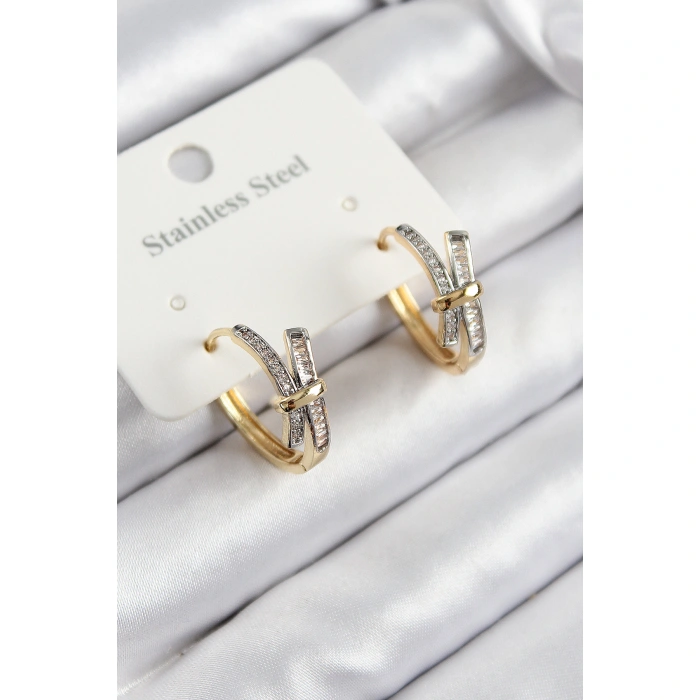 316L Çelik Zirkon Taşlı Düğüm Halka Model Gold Ve Gümüş Renk Kadın Küpe - Lisinya