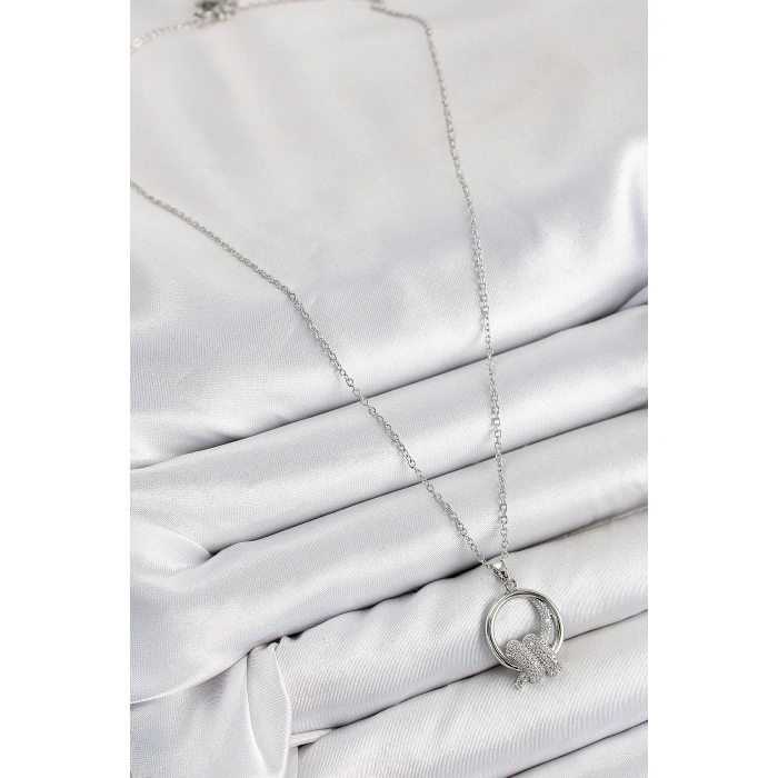 316L Çelik Zirkon Taşlı Düğüm Model Gümüş Renk Kadın Kolye - Lisinya