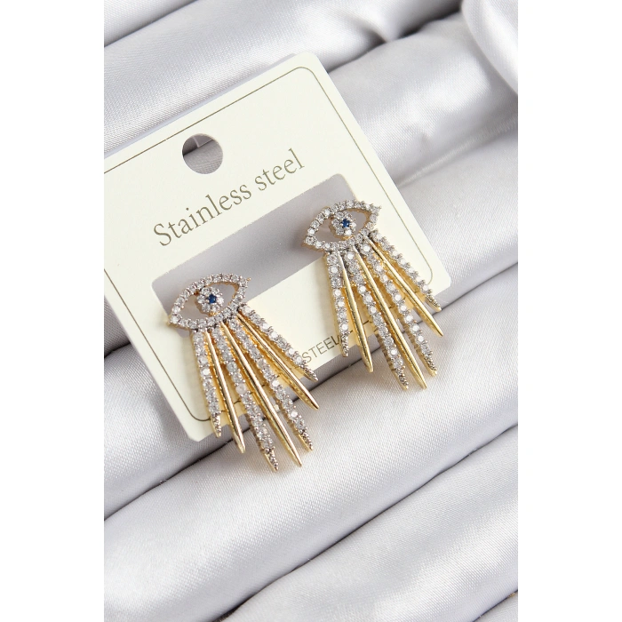 316L Çelik Zirkon Taşlı Göz Model Gold Renk Kadın Küpe - Lisinya