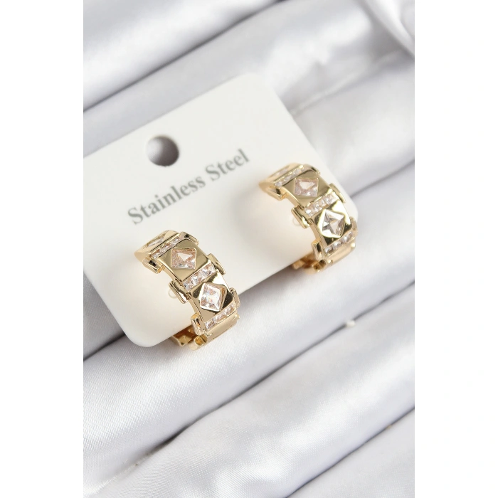 316L Çelik Zirkon Taşlı Halka Model Gold Renk Kadın Küpe - Lisinya