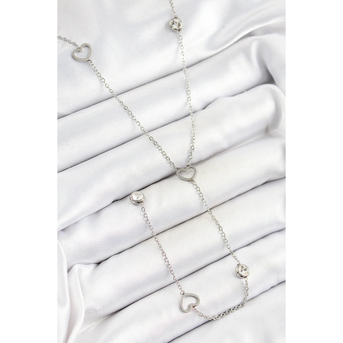 316L Çelik Zirkon Taşlı Kalp Figürlü Y Model Gümüş Renk Kadın Kolye - Lisinya