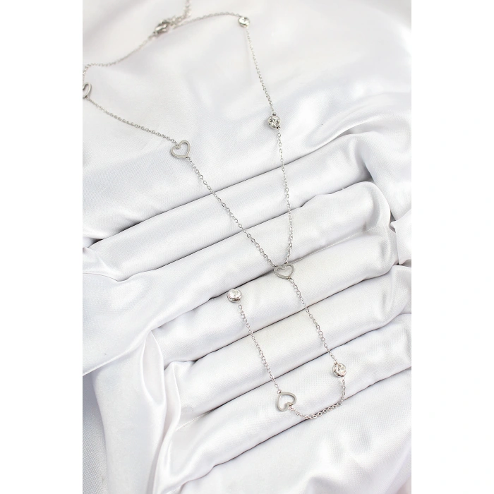 316L Çelik Zirkon Taşlı Kalp Figürlü Y Model Gümüş Renk Kadın Kolye - Lisinya