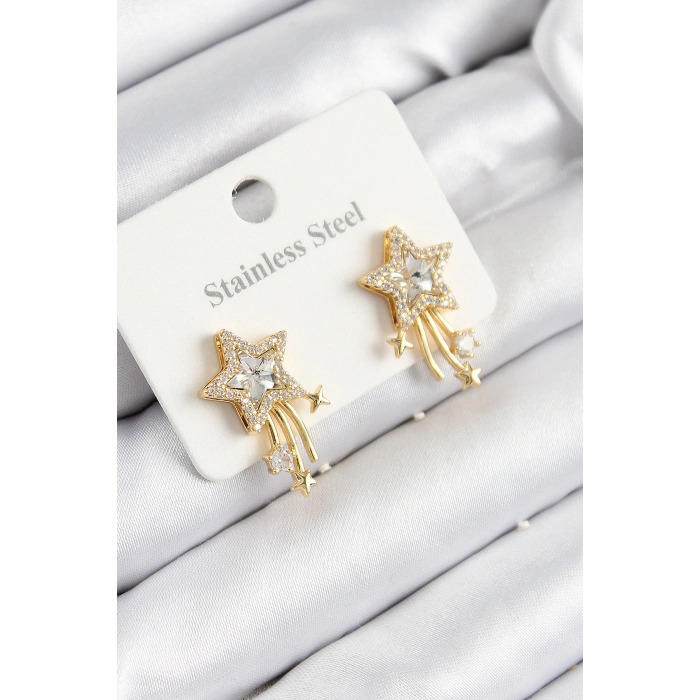 316L Çelik Zirkon Taşlı Kayan Yıldız Model Gold Renk Kadın Küpe - Lisinya