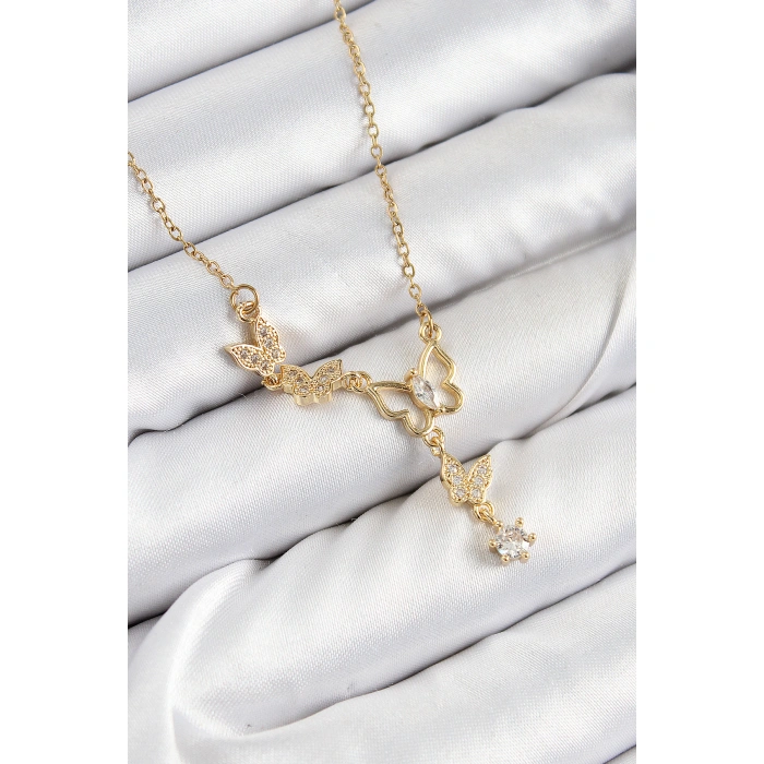 316L Çelik Zirkon Taşlı Kelebek Model Gold Renk Kadın Kolye - Lisinya