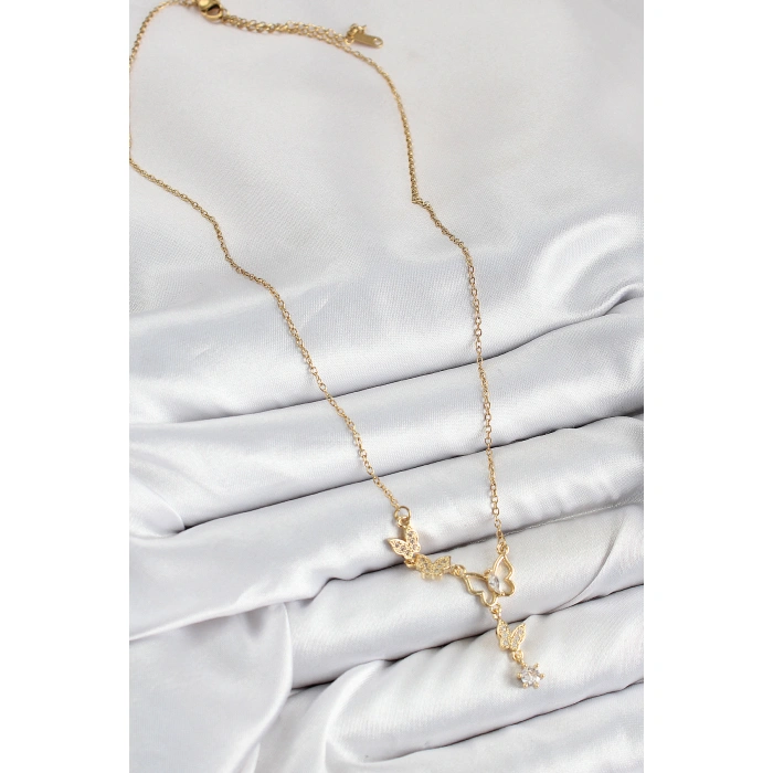 316L Çelik Zirkon Taşlı Kelebek Model Gold Renk Kadın Kolye - Lisinya