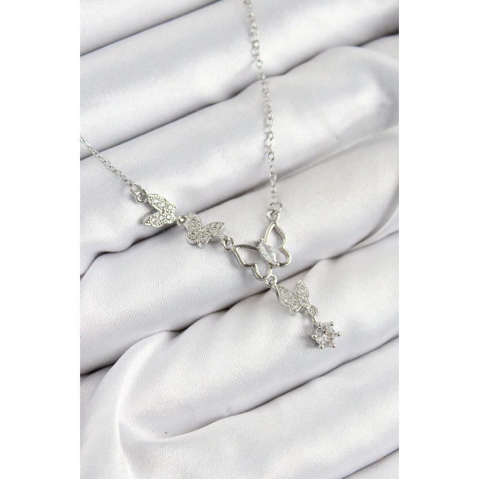 316L Çelik Zirkon Taşlı Kelebek Model Gümüş Renk Kadın Kolye - Lisinya