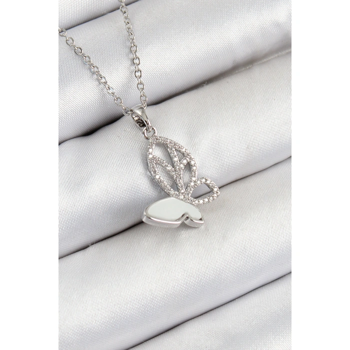 316L Çelik Zirkon Taşlı Kelebek Model Gümüş Renk Kadın Kolye - Lisinya