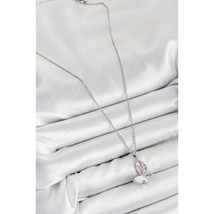 316L Çelik Zirkon Taşlı Kelebek Model Gümüş Renk Kadın Kolye - Lisinya