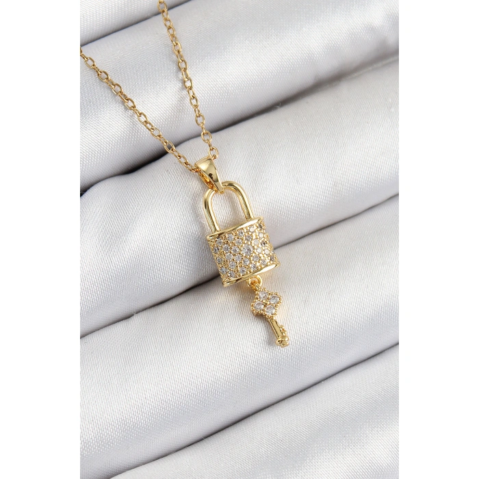 316L Çelik Zirkon Taşlı Kilit Ve Sallantılı Anahtar Model Gold Renk Kadın Kolye - Lisinya