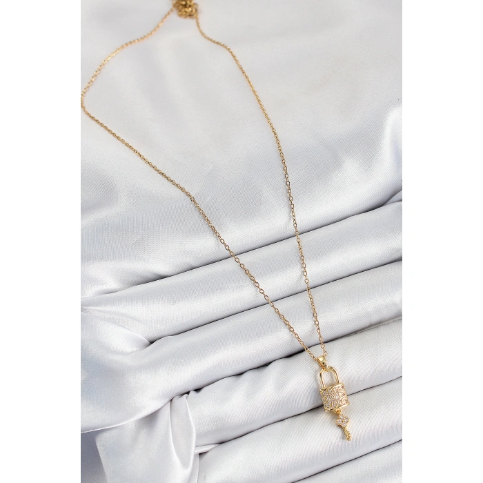 316L Çelik Zirkon Taşlı Kilit Ve Sallantılı Anahtar Model Gold Renk Kadın Kolye - Lisinya