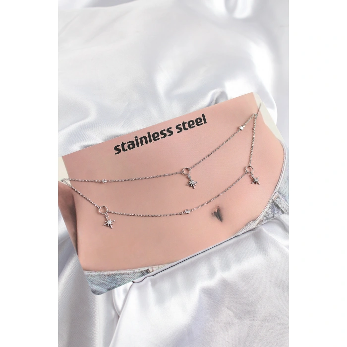 316L Çelik Zirkon Taşlı Kutup Yıldızı Model Gümüş Renk Göbek Bel Zinciri - Lisinya