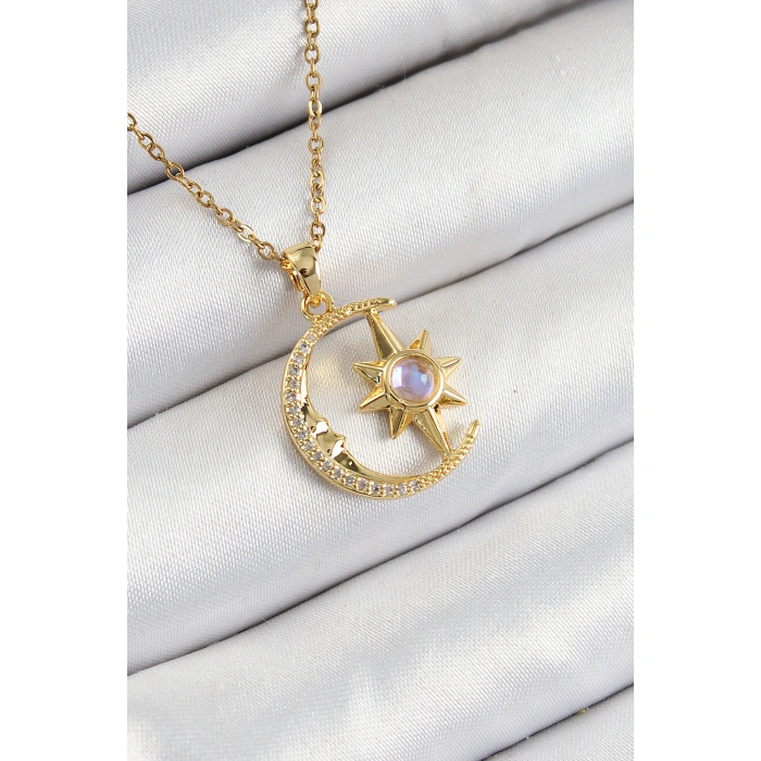 316L Çelik Zirkon Taşlı Kutup Yıldızlı Hilal Model Gold Renk Kadın Kolye - Lisinya