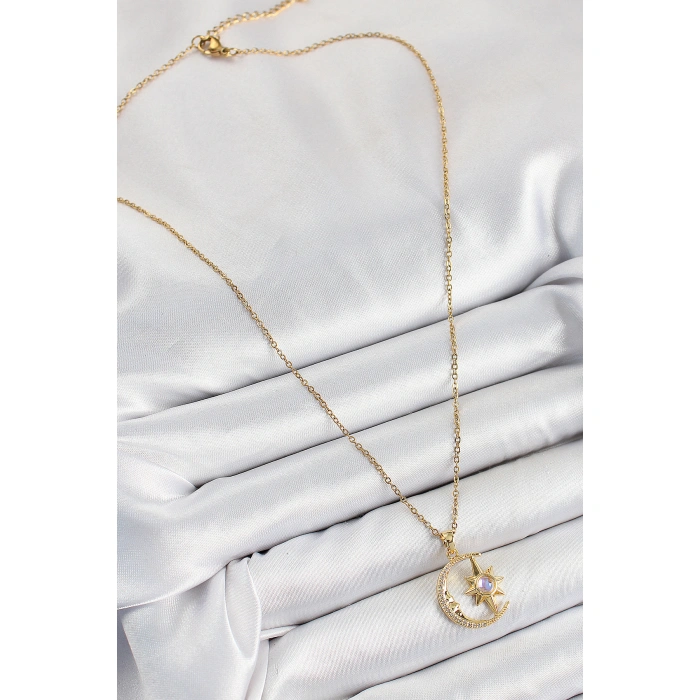 316L Çelik Zirkon Taşlı Kutup Yıldızlı Hilal Model Gold Renk Kadın Kolye - Lisinya