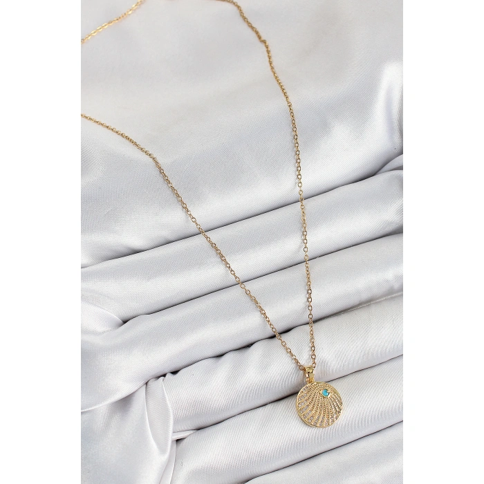 316L Çelik Zirkon Taşlı Madalyon Model Gold Renk Kadın Kolye - Lisinya