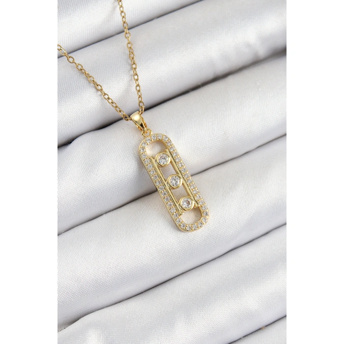316L Çelik Zirkon Taşlı Messika Model Gold Renk Kadın Kolye - Lisinya