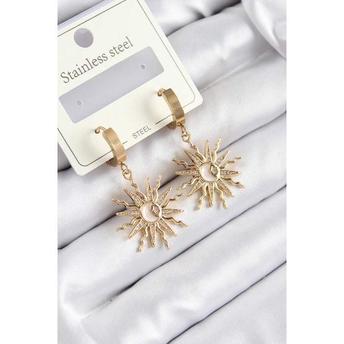 316L Çelik Zirkon Taşlı Sallantılı Güneş Model Gold Renk Kadın Küpe - Lisinya