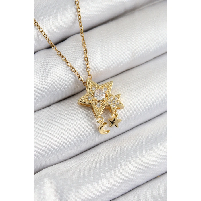 316L Çelik Zirkon Taşlı Sallantılı Yıldız Model Gold Renk Kadın Kolye - Lisinya