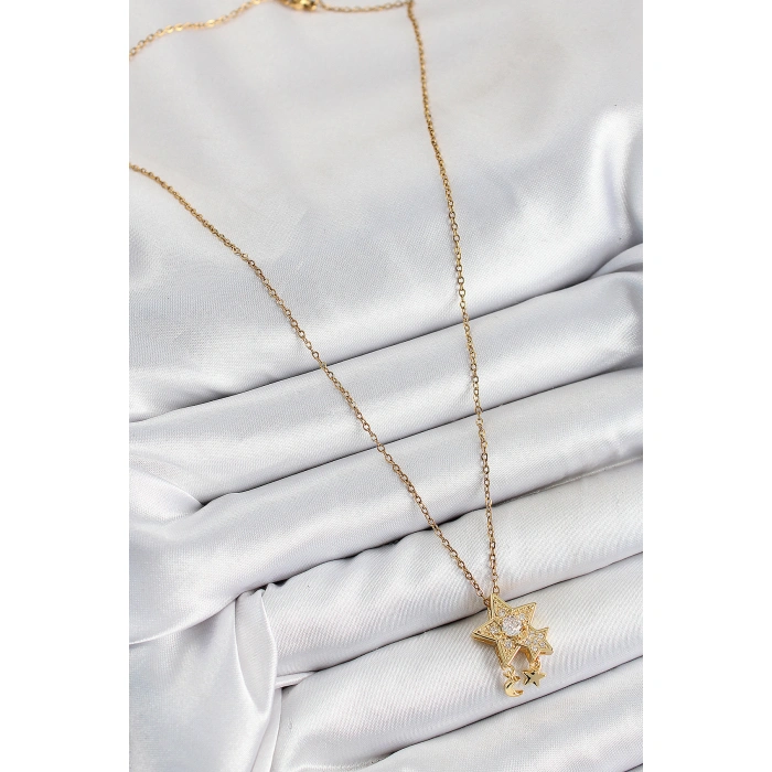 316L Çelik Zirkon Taşlı Sallantılı Yıldız Model Gold Renk Kadın Kolye - Lisinya