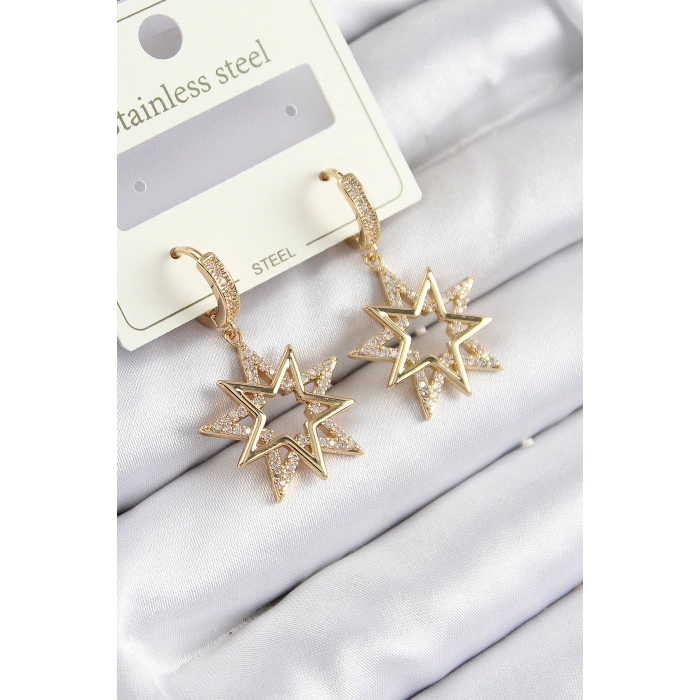 316L Çelik Zirkon Taşlı Sallantılı Yıldız Model Gold Renk Kadın Küpe - Lisinya