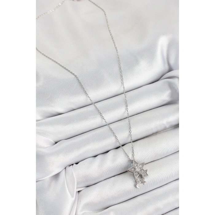 316L Çelik Zirkon Taşlı Sallantılı Yıldız Model Gümüş Renk Kadın Kolye - Lisinya