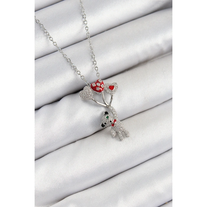 316L Çelik Zirkon Taşlı Uçan Balonlu Ayıcık Model Gümüş Renk Kadın Kolye - Lisinya