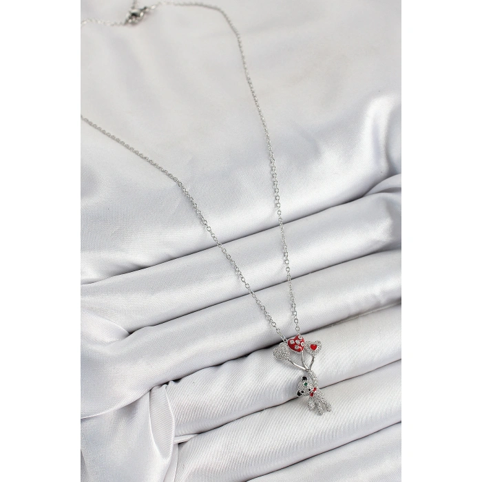 316L Çelik Zirkon Taşlı Uçan Balonlu Ayıcık Model Gümüş Renk Kadın Kolye - Lisinya